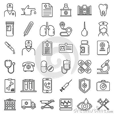 Private clinic hospital icons set, outline style Vector Illustration