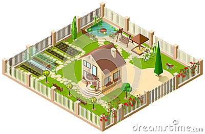 Private country house and garden. 3d isometric illustration Vector Illustration