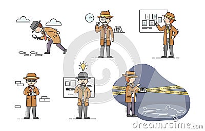 Private Detective Concept. Set Of Young Cartoon Detectives With Tools In Different Situation. Characters Do Their Job Vector Illustration