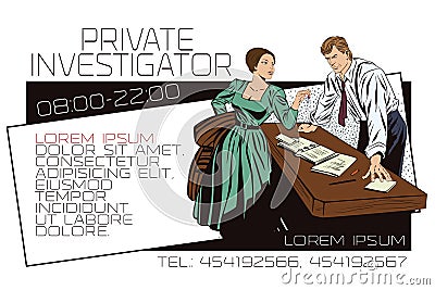 Private detective and girl. Template ads or business card. Vector Illustration