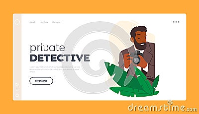 Private Detective Landing Page Template. Male Character Spying with Photo Camera, Secret Agent, Investigator, Competitor Vector Illustration