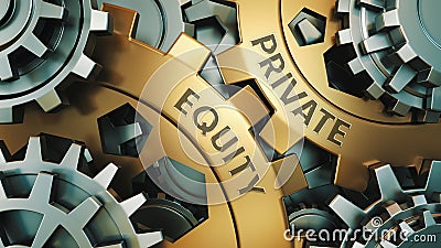 PRIVATE EQUITY concept. Gold and silver gear wheel background illustration. 3d render Cartoon Illustration