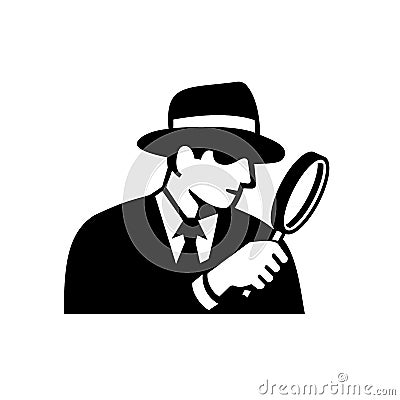 Private Eye Detective Inspector or Investigator Looking Magnifying Glass Retro Stencil Black and White Vector Illustration