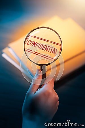 Private detective desk with envelopes labeled as confidential Stock Photo