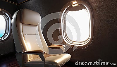 Private jet airplane interior with comfortable leather seat next to window Stock Photo