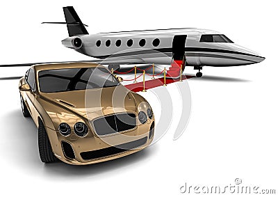 Private jet-plane with a luxury car Stock Photo