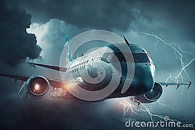 Private jet in a thunderstorm. Realistic generated AI Stock Photo