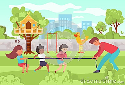 Private kindergarten, male character teacher playing with happy children little kid, child playground flat vector Vector Illustration