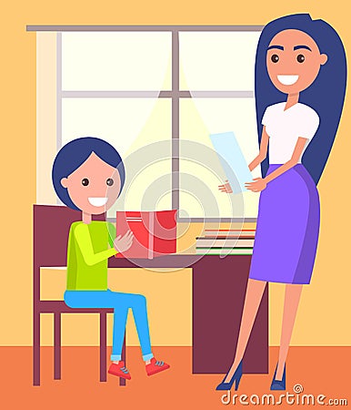 Private Lessons at Home with Schoolboy and Teacher Vector Illustration