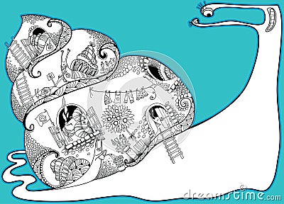 Private life of snails. Vector composition with outline big and small snails in black and white on the torquoise background. Vector Illustration