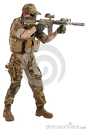 Private Military Company contractor with assault rifle Stock Photo