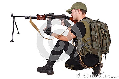 Private military contractor gunner with RPD machine gun isolated on white Stock Photo