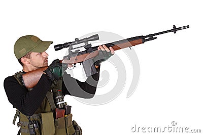 Private military contractor mercenary with m14 sniper rifle isolated on white Stock Photo