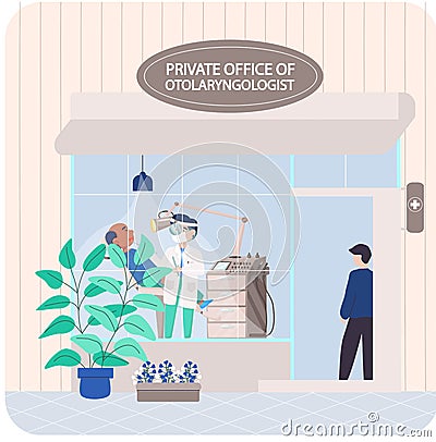 Private office of otolaryngologist for treatment of patients. Doctor examines and consults sick man Vector Illustration