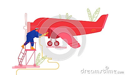 Private Plane Inspection and Fueling before Flight. Mechanic Stand on Ladder Pouring Fuel into Airplane Gas Tank Vector Illustration