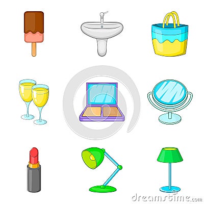 Private room icons set, cartoon style Vector Illustration