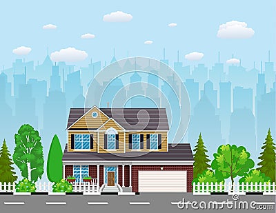 Private suburban house with trees, Vector Illustration