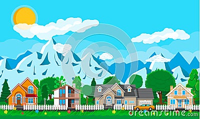 Private suburban houses with car Vector Illustration