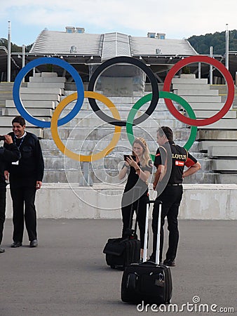 Private traders arriving events are photographed against the backdrop of the . Sochi Autodrom 2014 FORMULA 1 RUSSIAN GRAND PRIX . Editorial Stock Photo