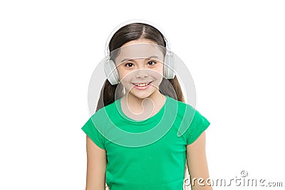 Privilege of premium music account. Little girl listen music modern headphones. Small kid listen music headphones. No ad Stock Photo