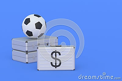 Purchase, sale of football club. Sports Equipment. Fair play. Penalties and sanctions. Soccer ball near money briefcase Stock Photo