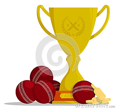 Prize sports cup with ball for participation in cricket competitions. Award trophy to winner of tournament. Vector in flat style Vector Illustration