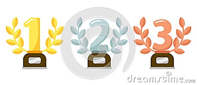 Prize trophies. Golden first place cup award, silver laurel wreath and awards bronze trophies flat vector illustration Vector Illustration