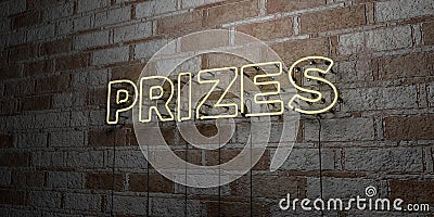 PRIZES - Glowing Neon Sign on stonework wall - 3D rendered royalty free stock illustration Cartoon Illustration