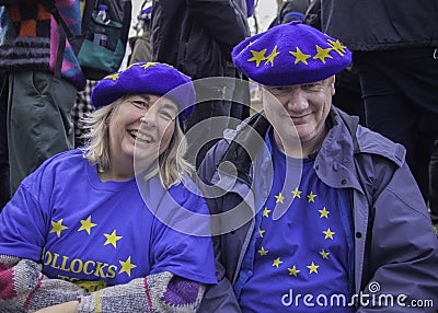 Pro EU couple during anti Brexit demonstration in London, March 2019 Editorial Stock Photo