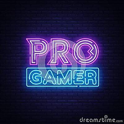 Pro Gamer neon sign vector. Neon Gaming Design template, light banner, night signboard, nightly bright advertising Vector Illustration