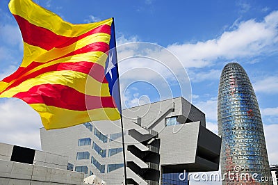 Pro-independence flag in Barcelona, Spain, during the rally in s Editorial Stock Photo