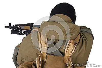 pro-Russian militiaman with kalashnikov ak-47 rifle with under-barrel grenade launcher Stock Photo