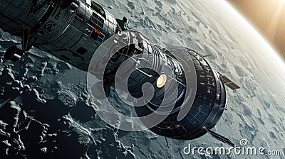 Probe nears planet while autonomous station orbits unknown world, pioneering deep space discovery. Ai Generated Stock Photo