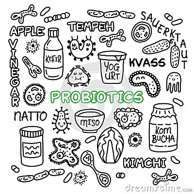 Probiotics bacteria food medicine set gut bacterial flora Vector Illustration