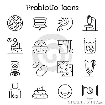 Probiotics bacteria icon set in thin line style Vector Illustration