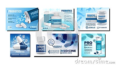 Probiotics Creative Promotional Posters Set Vector Vector Illustration