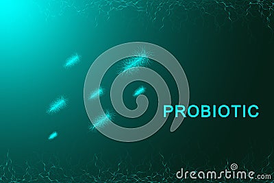 Probiotics flow. Concept design template with probiotic bacteria, bifidobacterium, molecule or atom, neurons. Scientific Vector Illustration