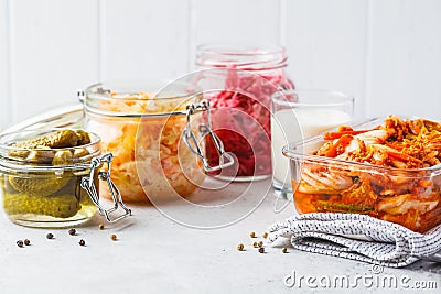 Probiotics food concept. Kimchi, beet sauerkraut, sauerkraut, kefir and pickled cucumbers Stock Photo