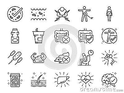 Probiotics icon set. Included icons as intestinal flora, intestinal, bacteria, healthy, yogurt, intestine and more. Vector Illustration