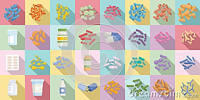 Probiotics icons set flat vector. Stomach prebiotic Stock Photo