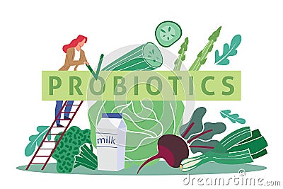 Probiotics, intestinal flora, healthy food. Tiny woman on ladder and huge green vegetables, cabbage beets and milk Vector Illustration