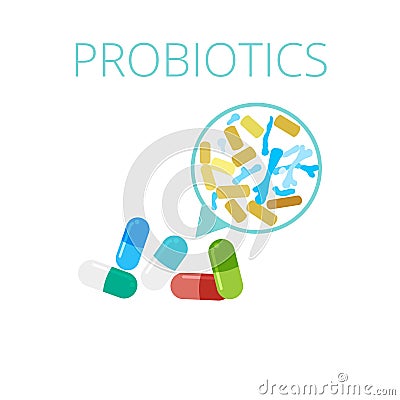 Probiotics Lactobacilli and Bifidobacterium in capsules Vector Illustration