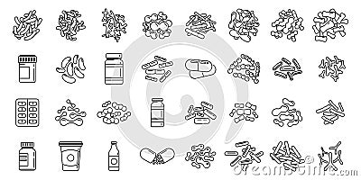 Probiotics microbiology icons set outline vector. Stomach bacteria Stock Photo