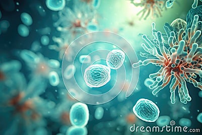 Probiotics. Science biological background. Microscopic bacterias. Generative AI Cartoon Illustration