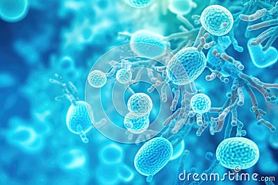 Probiotics. Science biological background. Microscopic bacterias. Generative AI Cartoon Illustration