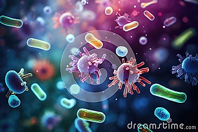 Probiotics. Science biological background. Microscopic bacterias. Generative AI Cartoon Illustration