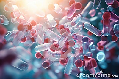 Probiotics. Science biological background. Microscopic bacterias. Generative AI Cartoon Illustration
