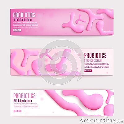 Probiotics Vector Horizontal Pink Web Banners Set Vector Illustration