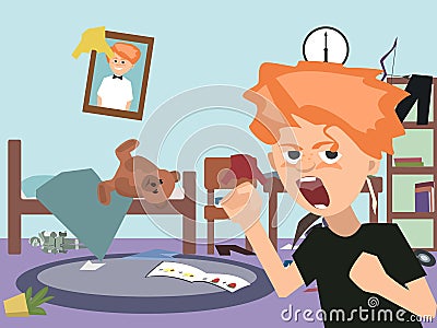 Problem child at messy kids room cartoon Vector Illustration