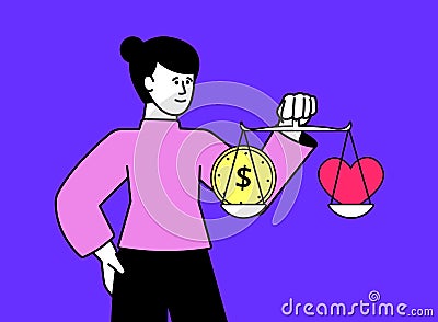 Problem of choice between money and feeling. Woman hold pink heart and golden coin on scales. Business or family vector Vector Illustration